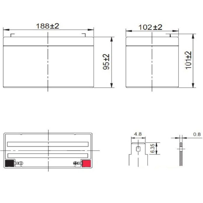 Rysunek techniczny akumulatora 24V AGM 10Ah VRLA bezobsługowego